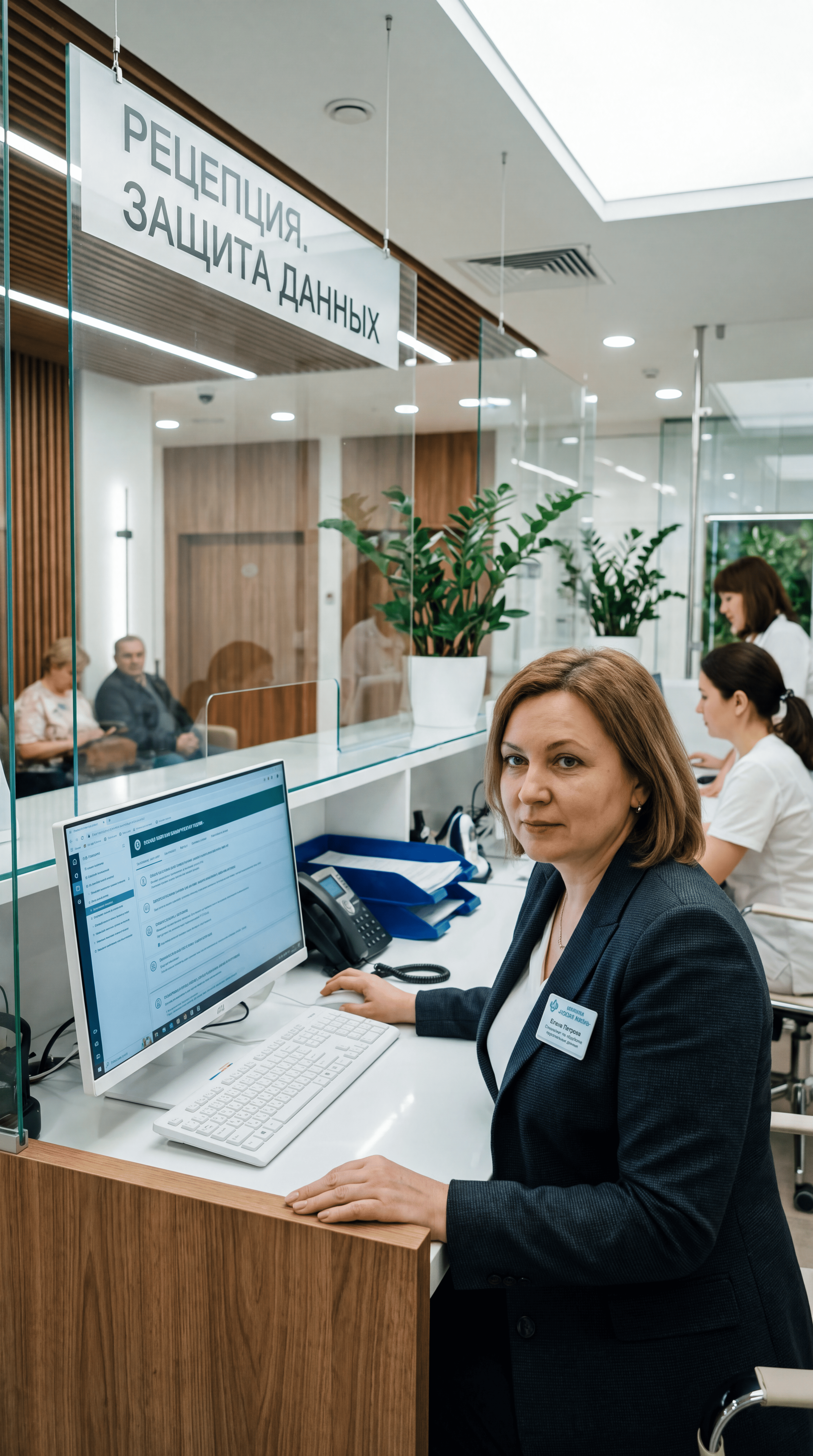 Женщина на рабочем месте в офисе с вывеской «Рецепция. Защита данных» — отзыв слушательницы курсов по информационной безопасности.