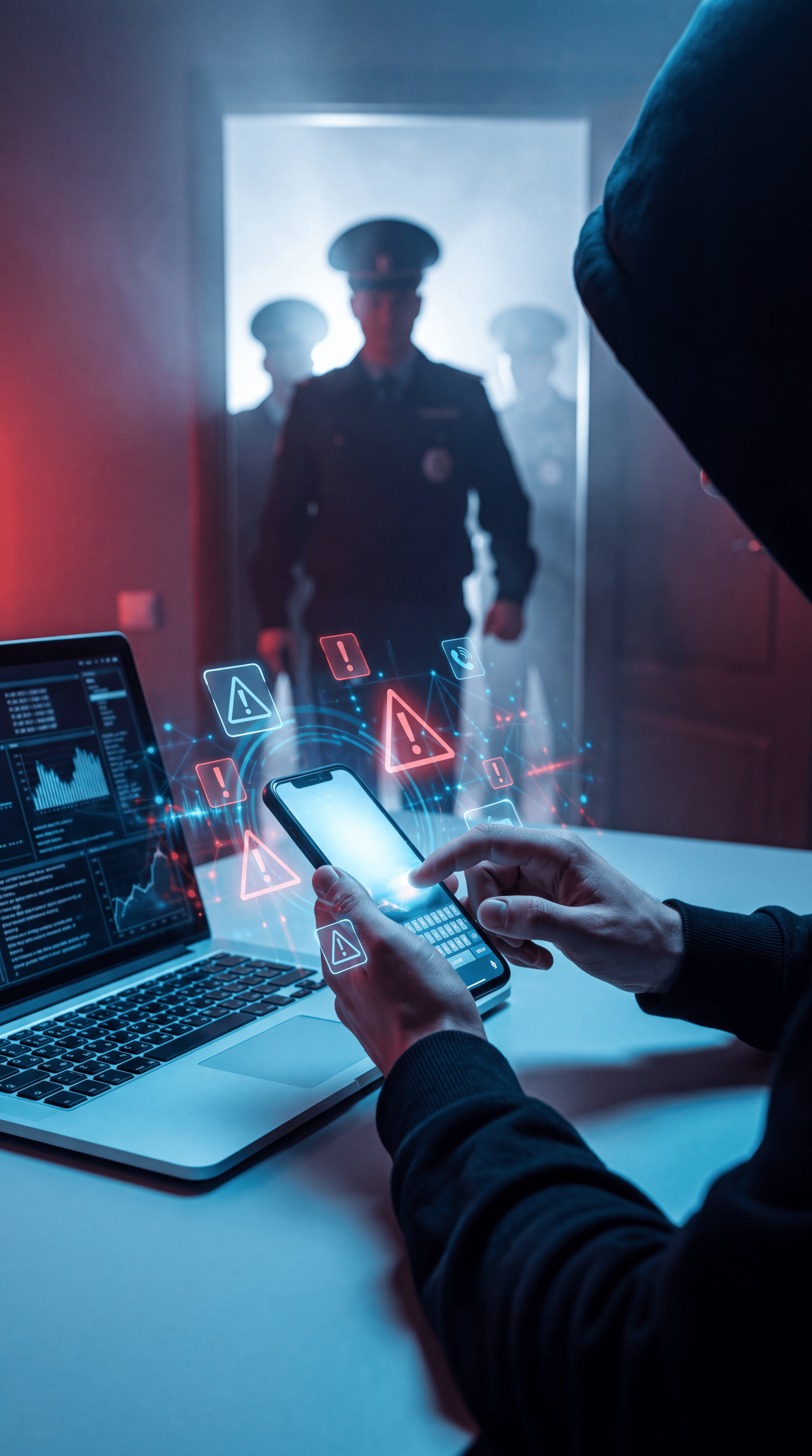 Человек в черном худи сидит за столом с ноутбуком и смартфоном, на фоне в дверном проеме стоят силуэты сотрудников полиции в фуражках